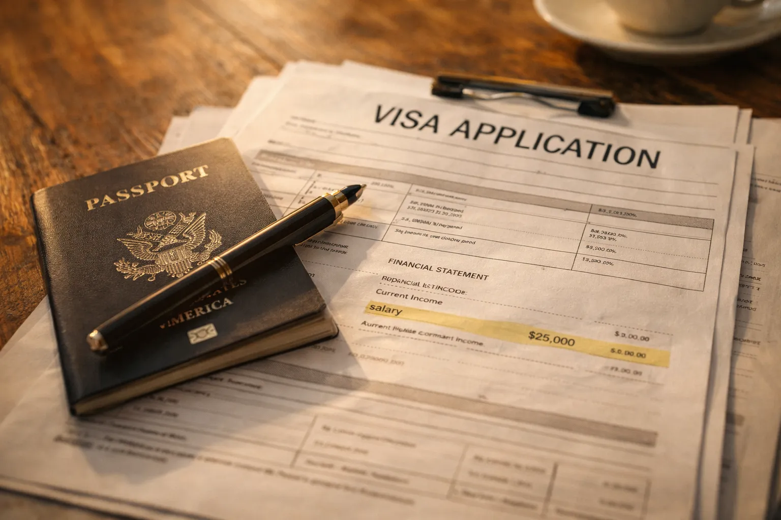 Non-Lucrative Visa Spain application documents with passport and financial statement showing salary income